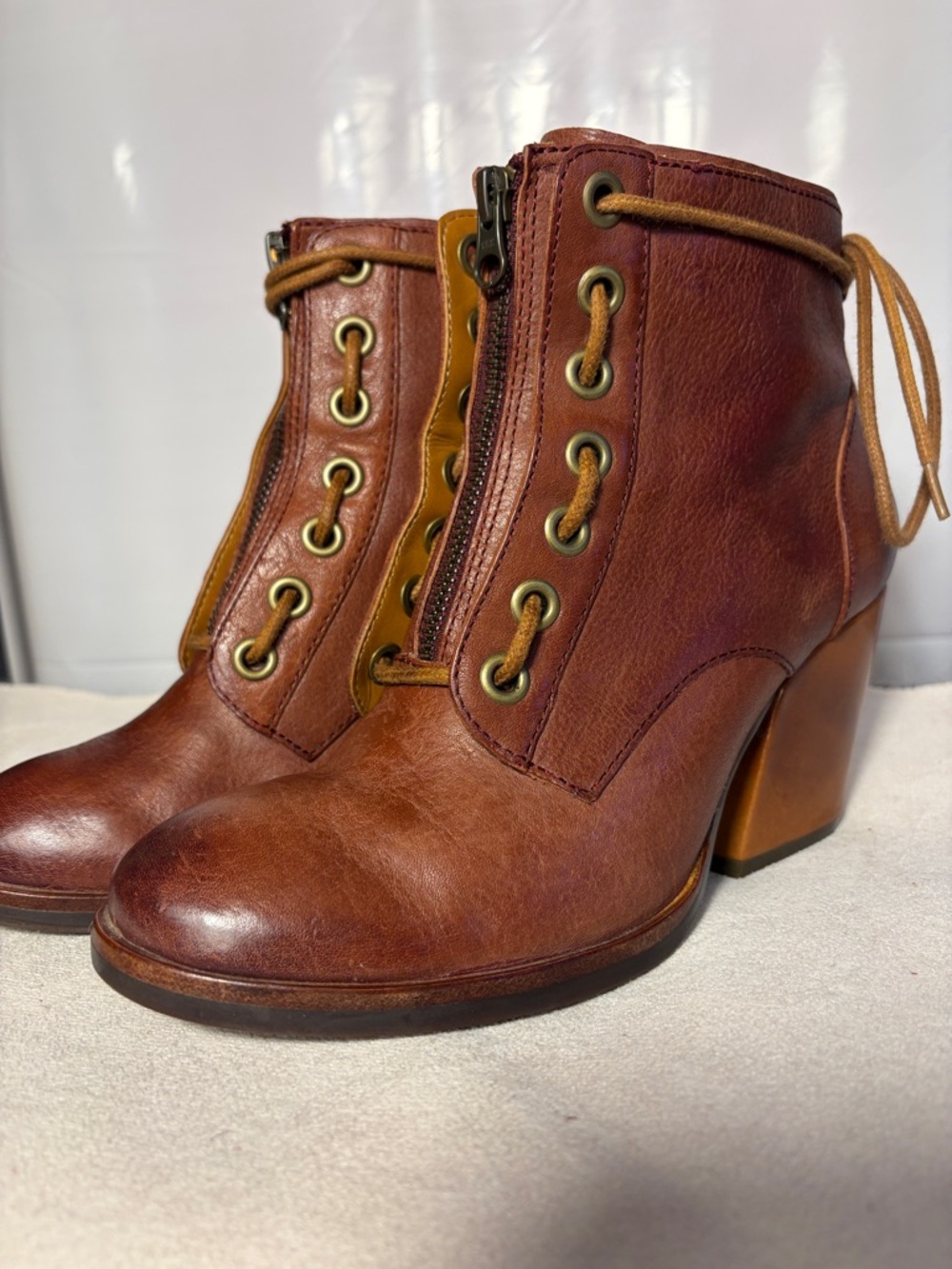 Kork-Ease Brown Leather Lace-Up Block Heel Ankle Boots